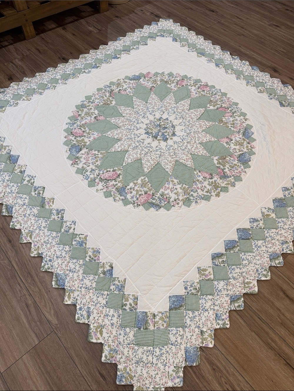 Breathtaking Floral Medallion Patchwork Quilt - Cream and Sage 81 inches square!